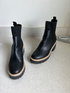 Dolce Vita Black Knit-Top Lug Sole Booties with Tan Trim